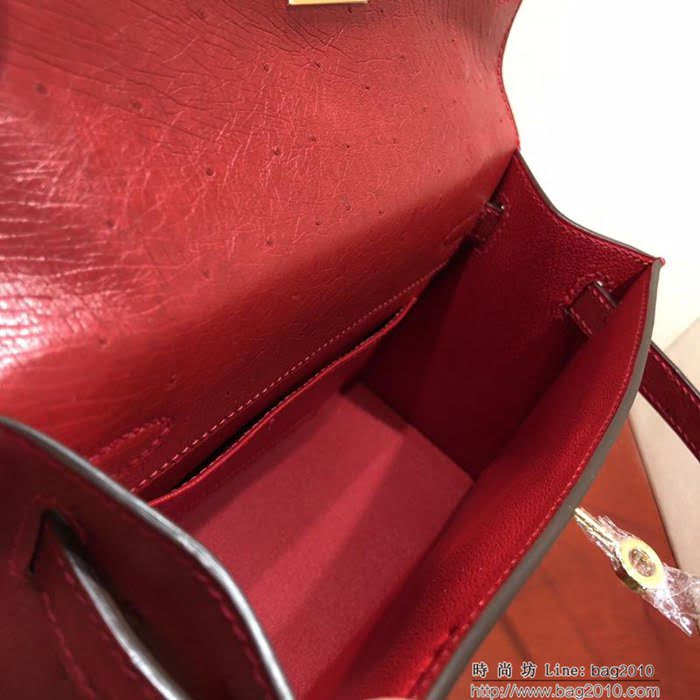 HERMES愛馬仕 凱莉包 Mini Kelly pochette金扣 中國紅 純手縫蠟線配上豬鼻子鏈 斜挎包  Ama1186
